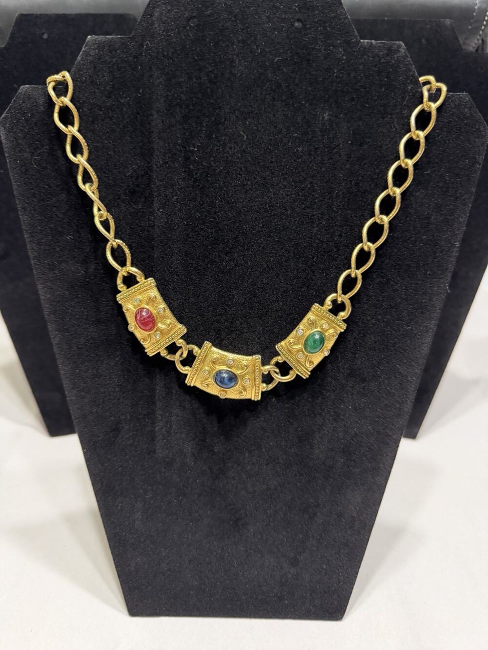 Vintage Avon Etruscan Revival Gold Tone 3-Panel Necklace with Red Blue Green Cab